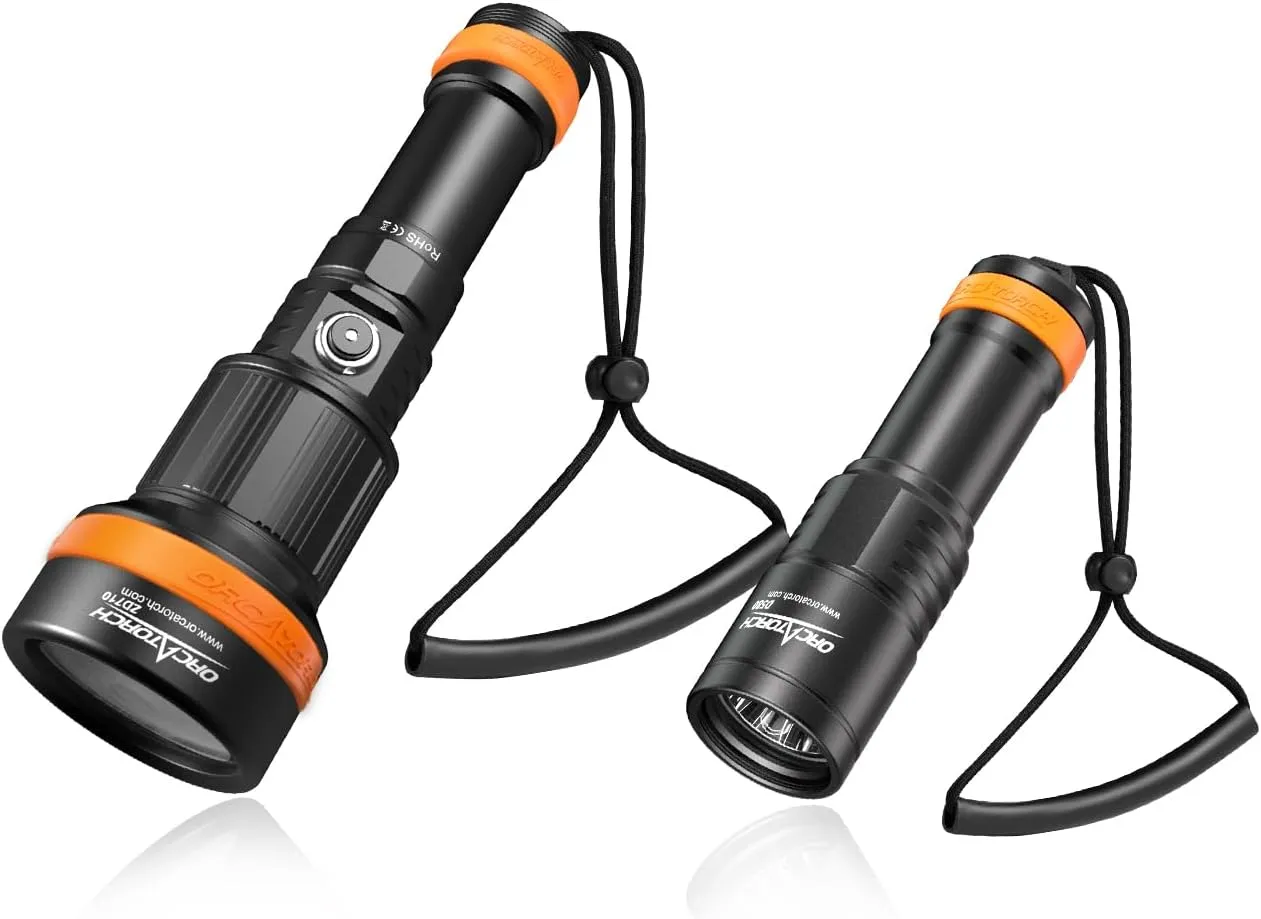 ORCATORCH ZD710 2700 Lumen Zoomable Diving Flashlight & D580 Max 530 Lumen Underwater Flashlight, 6 Degrees Narrow Beam with Twist Switch Bundle