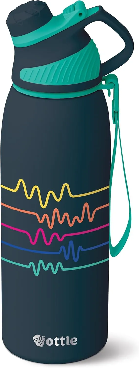 Ottle Reef Roamer Stainless Steel Water Bottle - 34 oz Insulated Flask with Leak Proof Lid, BPA free & Carry Handle - Hot & Cold Gym Water Bottle for Travel, Camping & Sports - Electro Beats