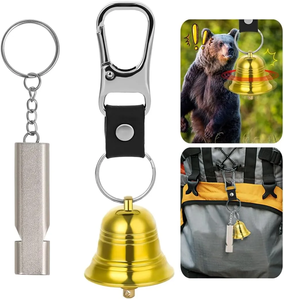 Outdoor Bear Bell & Emergency Whistle Kit, Brass Bell with Silencer, Carabiner for Hiking, Cycling, Fishing, Climbing Protection Tools