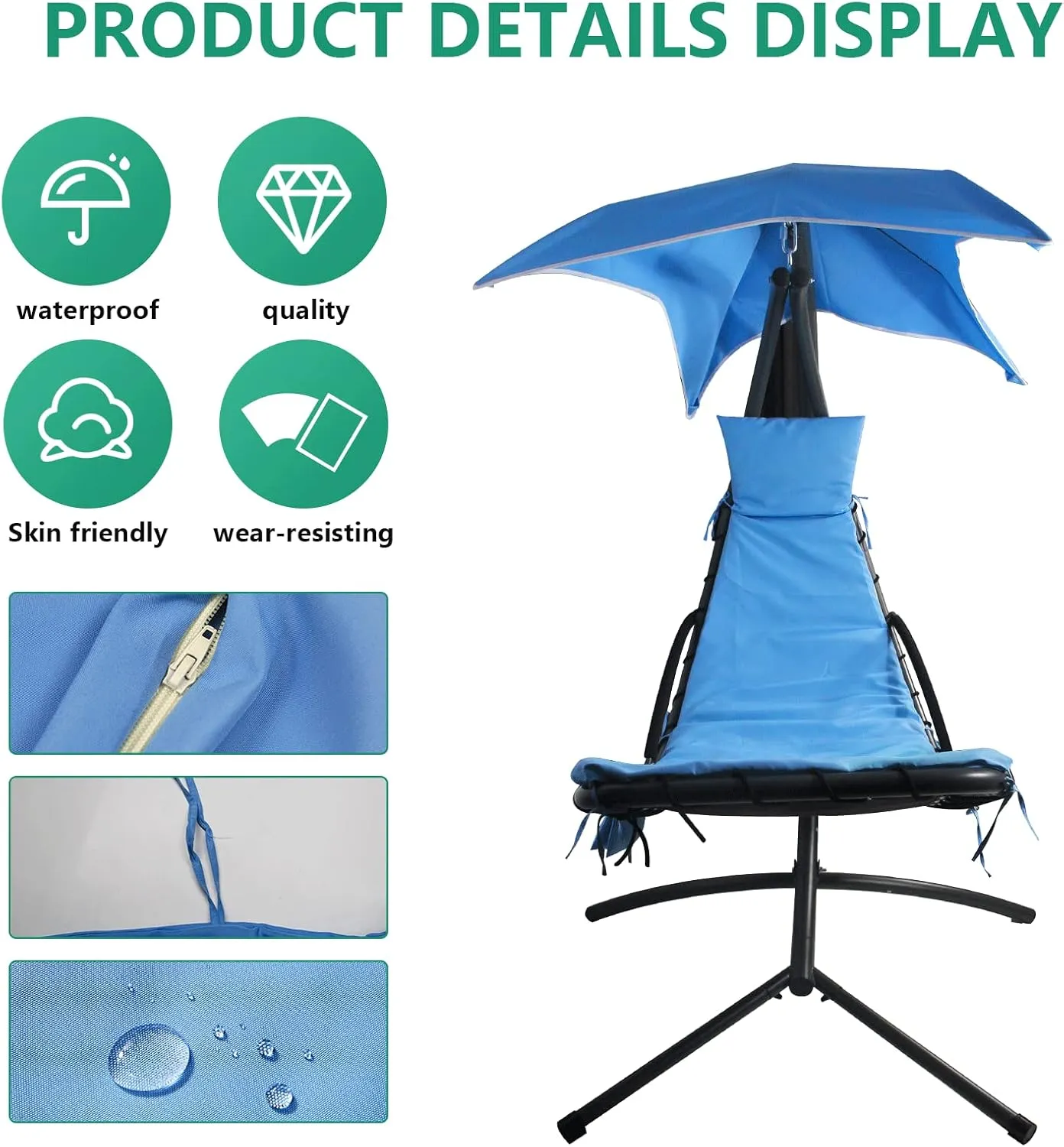 Outdoor Hanging Lounge Chair Replacement Cushion Cover and Umbrella Fabric, Made for Patio Curved Chaise Hammock Floating Swing Chair Pads, Waterproof Soft Fabric (Cushion Not Included), Blue