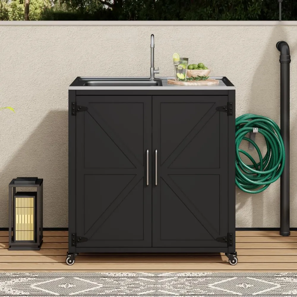 Outdoor Mobile Kitchen Sink Station with Cabinet & Lockable Wheels | 304 Stainless Steel Countertop & Iron Frame | All-Weather Portable Sink Unit for Patio, Garden, Backyard (Matte Black)