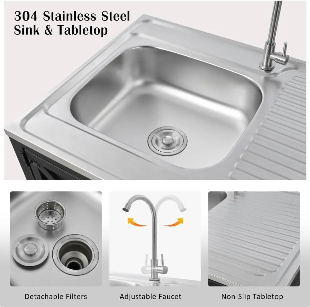 Outdoor Mobile Kitchen Sink Station with Cabinet & Lockable Wheels | 304 Stainless Steel Countertop & Iron Frame | All-Weather Portable Sink Unit for Patio, Garden, Backyard (Matte Black)