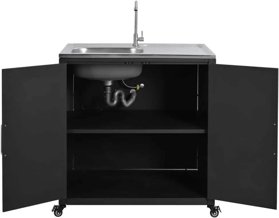 Outdoor Mobile Kitchen Sink Station with Cabinet & Lockable Wheels | 304 Stainless Steel Countertop & Iron Frame | All-Weather Portable Sink Unit for Patio, Garden, Backyard (Matte Black)