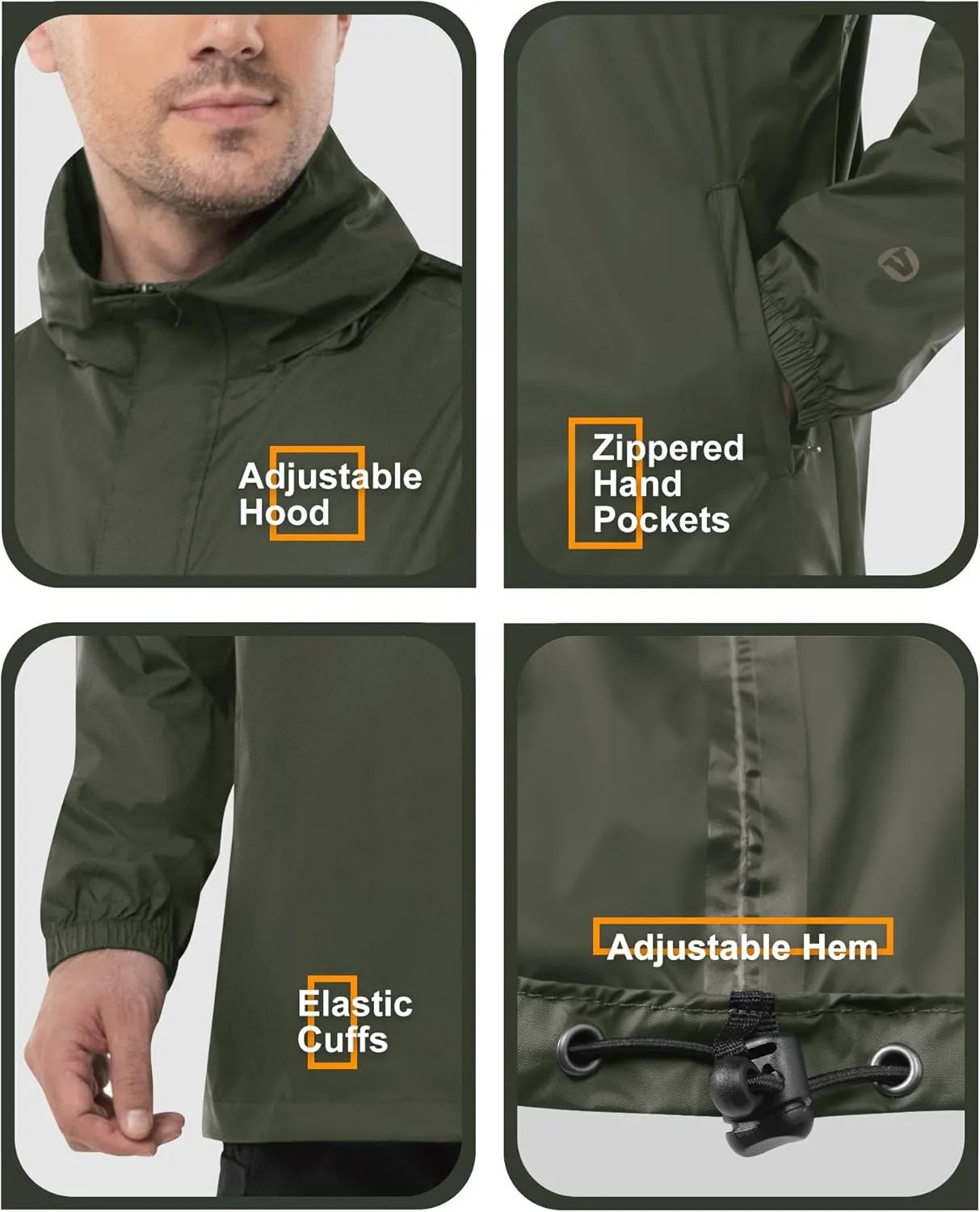 Outdoor Ventures Men's Rain Jacket Waterproof Lightweight Packable Rain Pullover for Hiking Golf Running