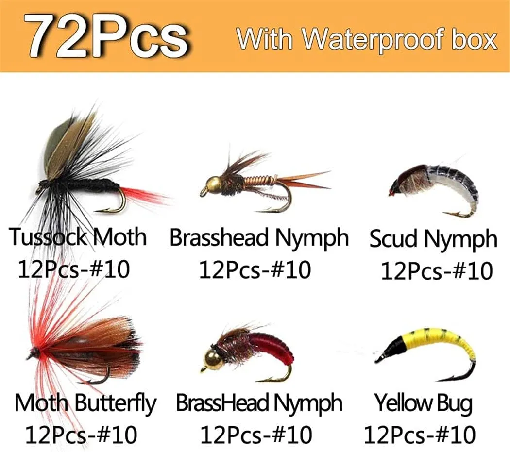 OutdoorFishing Fly Fishing Flies Kit Fly Assortment Trout Bass Fishing with Fly Box, 33/48/72/100/114/148pcs with Dry/Wet Flies, Nymphs, Streamers, Popper