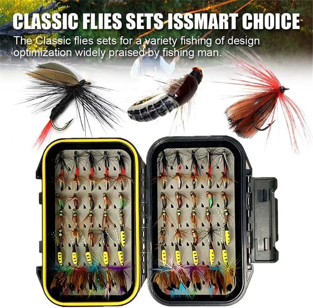 OutdoorFishing Fly Fishing Flies Kit Fly Assortment Trout Bass Fishing with Fly Box, 33/48/72/100/114/148pcs with Dry/Wet Flies, Nymphs, Streamers, Popper