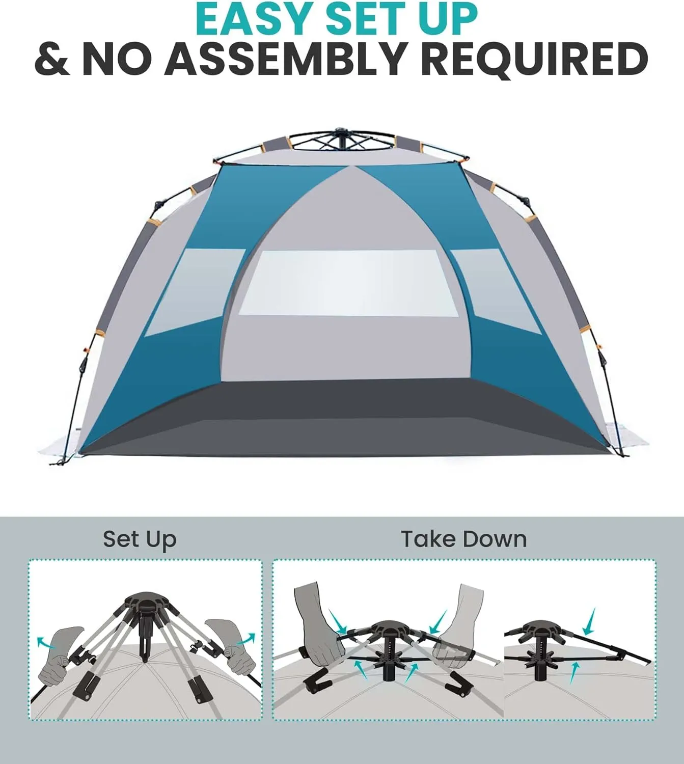 OutdoorMaster Beach Tent for 3-4 Person - Easy Setup and Portable Beach Shade Sun Shelter Canopy with UPF 50  UV Protection Removable Skylight Family Size