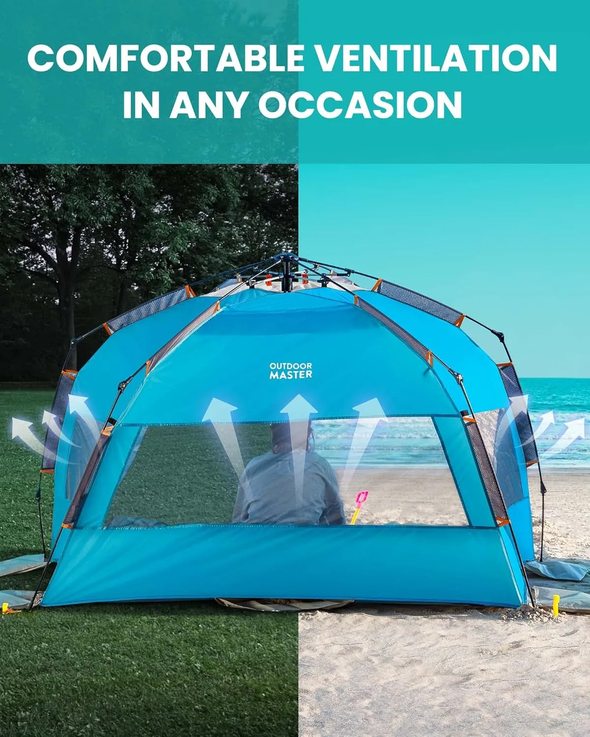 OutdoorMaster Beach Tent for 3-4 Person - Easy Setup and Portable Beach Shade Sun Shelter Canopy with UPF 50  UV Protection Removable Skylight Family Size
