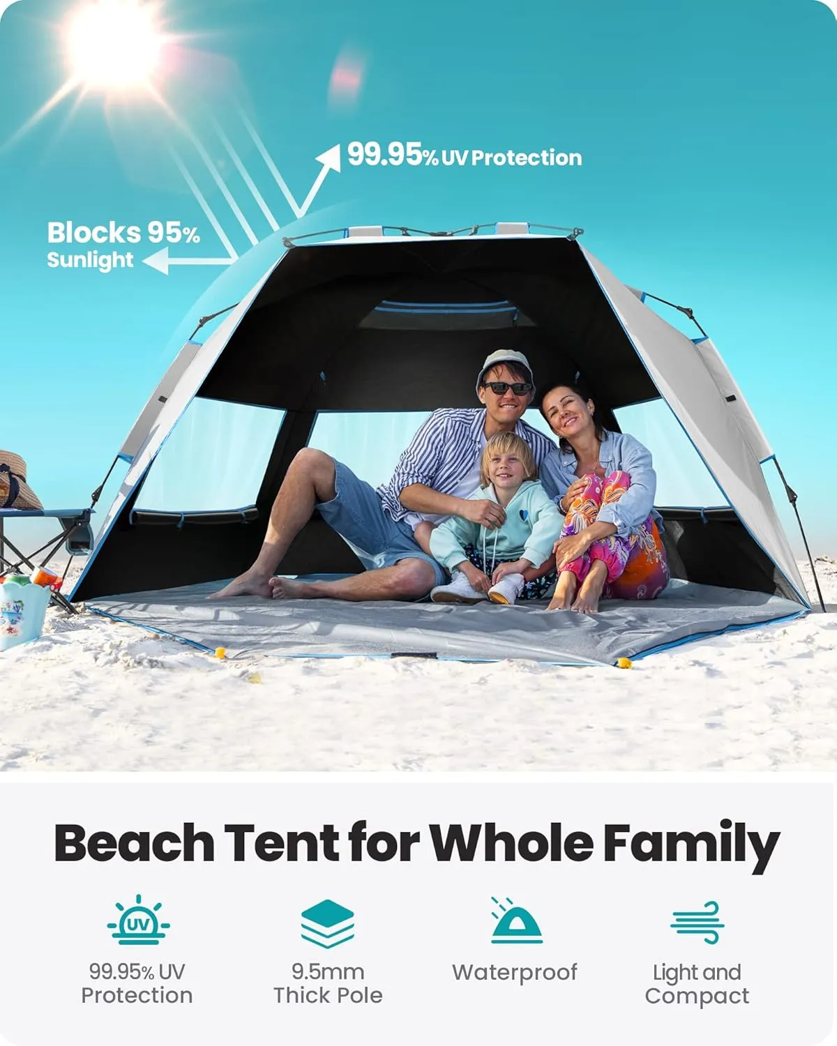 OutdoorMaster Beach Tent with Blackout Shelter Technology, Portable Beach Shade Sun Shelter Canopy for 4-6 Person with UPF 50  UV Protection, Easy Setup Pop Up Tent Family Size