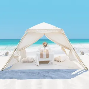 OutdoorMaster Pop Up Beach Tent with Fringe for 4 Person, Easy Setup and Portable Beach Shade Sun Shelter Canopy with UPF 50  UV Protection, 11MM Thick Pole