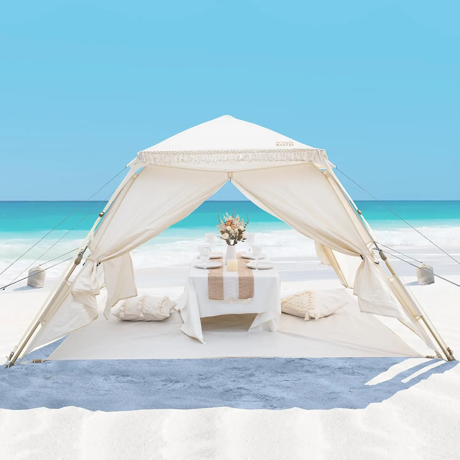 OutdoorMaster Pop Up Beach Tent with Fringe for 4 Person, Easy Setup and Portable Beach Shade Sun Shelter Canopy with UPF 50  UV Protection, 11MM Thick Pole