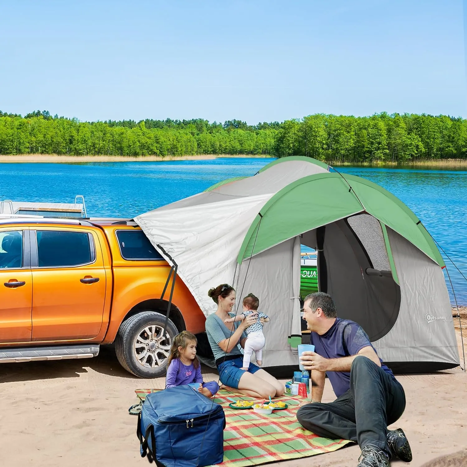 Outsunny SUV Tent, 2000mm Waterproof Truck Tent with 3 Doors and Mesh Window, for 5-6 Person Camping Outdoor Travel, 7.5' L x 6.9' W x 6.9' H