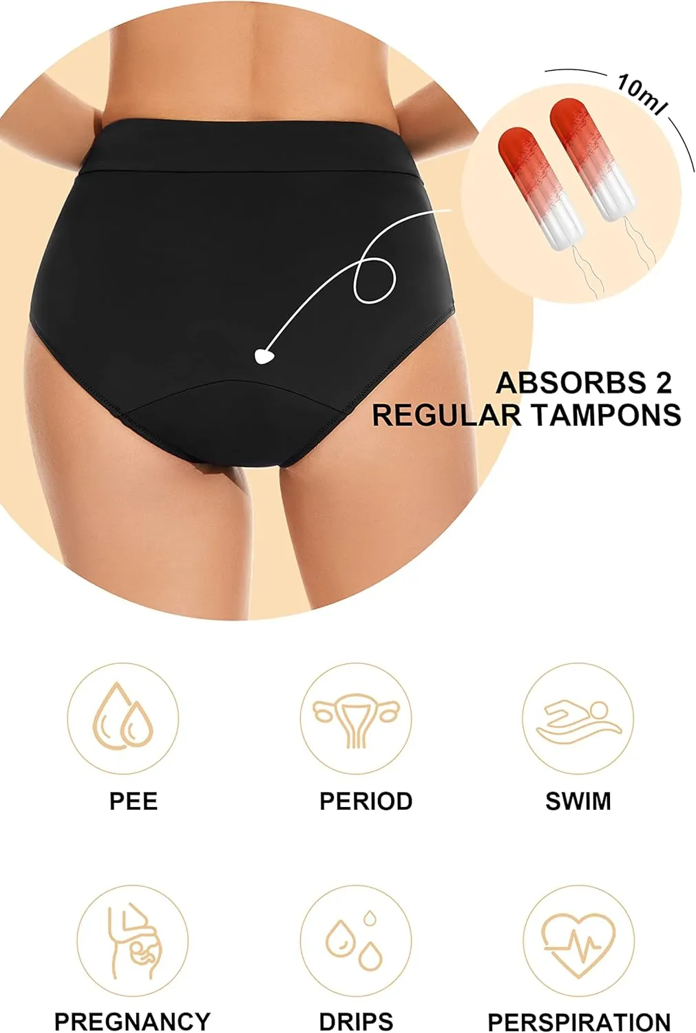 OVRUNS Period Swimwear Leakproof Bikini Brief Bottoms Waterproof Menstrual Swim Bottoms for Teens, Girls, Women