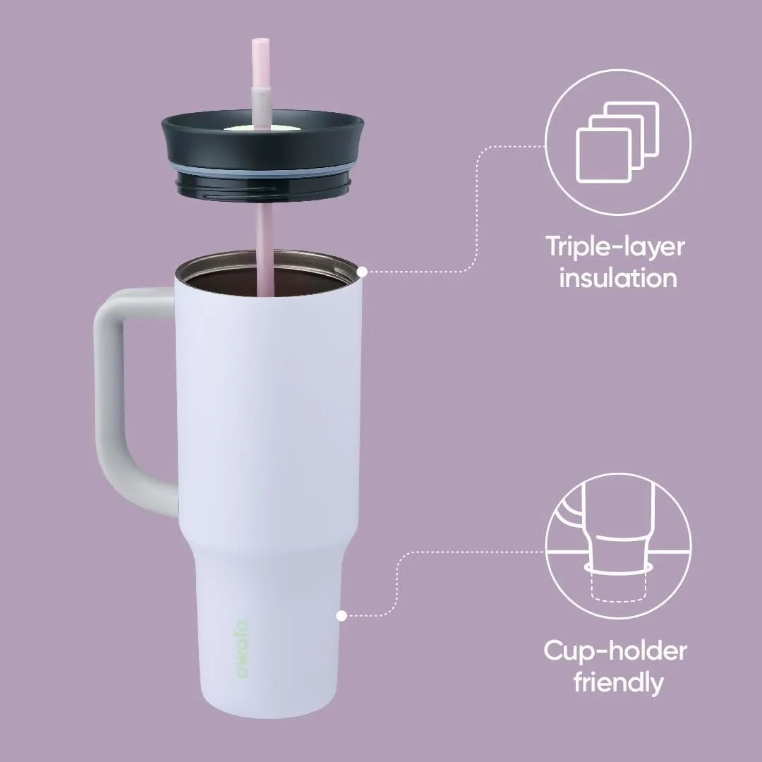 Owala Stainless Steel Triple Layer Insulated Travel Tumbler with Spill Resistant Lid, Straw, and Carry Handle, BPA Free, 40 oz, Purple (Bunny Hop)