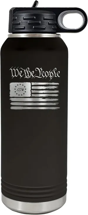 Palm City Products We the People 32 oz Black Stainless Steel Patriotic Water Bottle - Vacuum-Insulated Revolutionary War Tumbler with Engraved American Flag and Flip-Top Lid