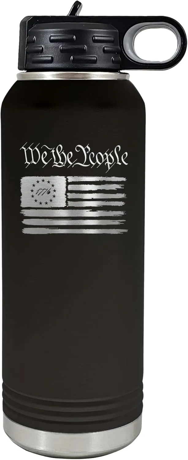 Palm City Products We the People 32 oz Black Stainless Steel Patriotic Water Bottle - Vacuum-Insulated Revolutionary War Tumbler with Engraved American Flag and Flip-Top Lid