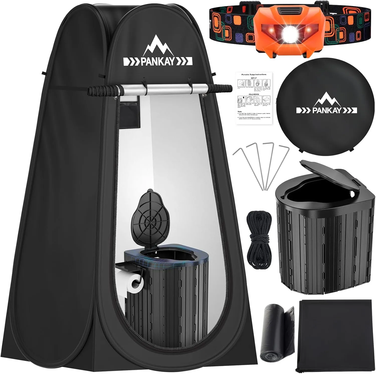 PANKAY Camping Toilet with Headlamp, XL Portable Toilet Potty for Adults with Mobile Phone Holder and a Paper Towel Rack, Essential Outdoor Portable Potty Kit, Pop up Privacy Tent with Carry Bag