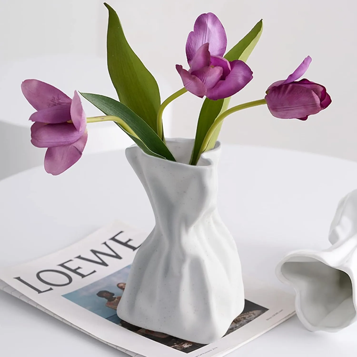 Paper Bag Vase, Unique Crinkle Grab Design Matte Ceramic Vase, Boho Flower Vase for Modern Home Decor, Wedding Dinner Table Party Office Decorative(White)