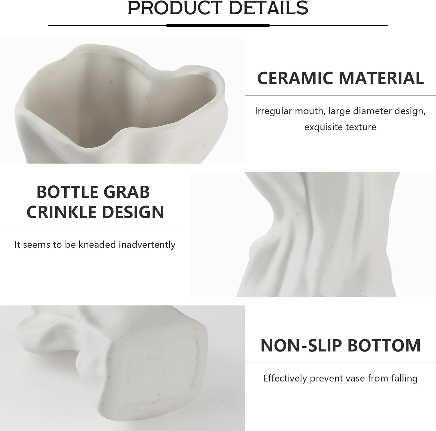 Paper Bag Vase, Unique Crinkle Grab Design Matte Ceramic Vase, Boho Flower Vase for Modern Home Decor, Wedding Dinner Table Party Office Decorative(White)