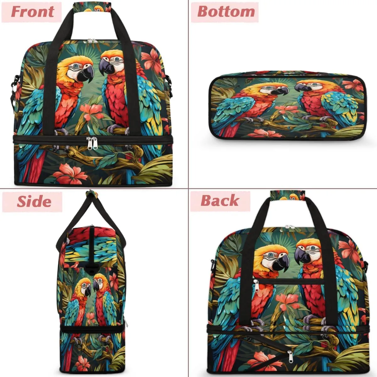 Parrot Flowers Print Foldable Travel Duffel Bag Overnight Weekender Bag with Shoes Compartment Sports Gym Bag for Men Women