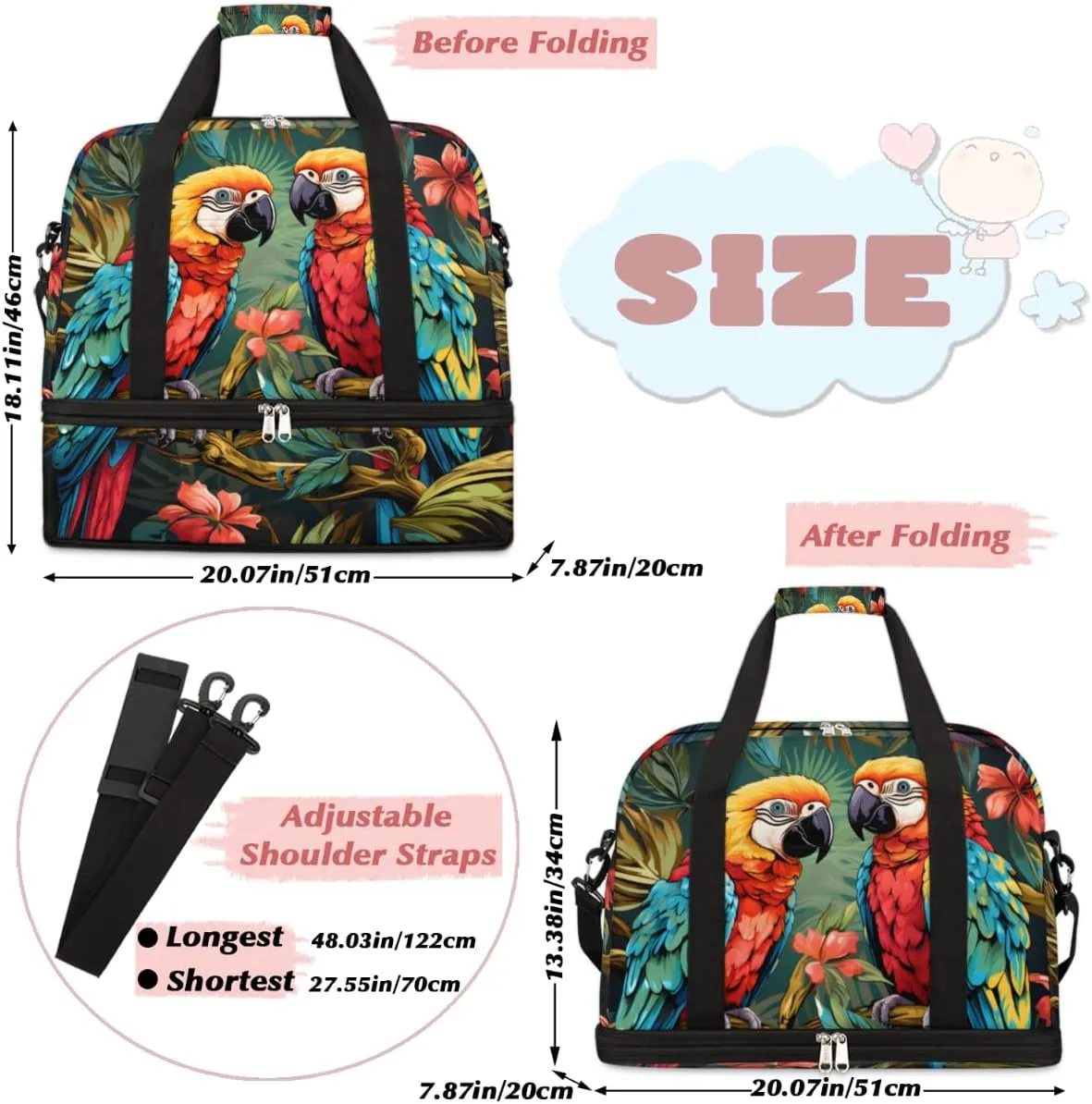 Parrot Flowers Print Foldable Travel Duffel Bag Overnight Weekender Bag with Shoes Compartment Sports Gym Bag for Men Women