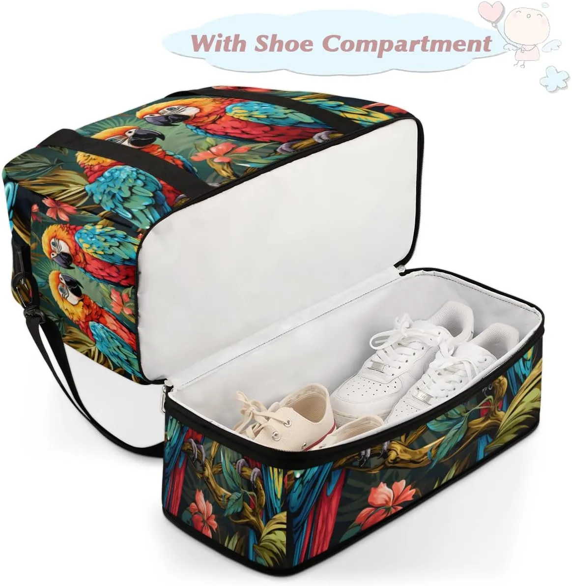 Parrot Flowers Print Foldable Travel Duffel Bag Overnight Weekender Bag with Shoes Compartment Sports Gym Bag for Men Women