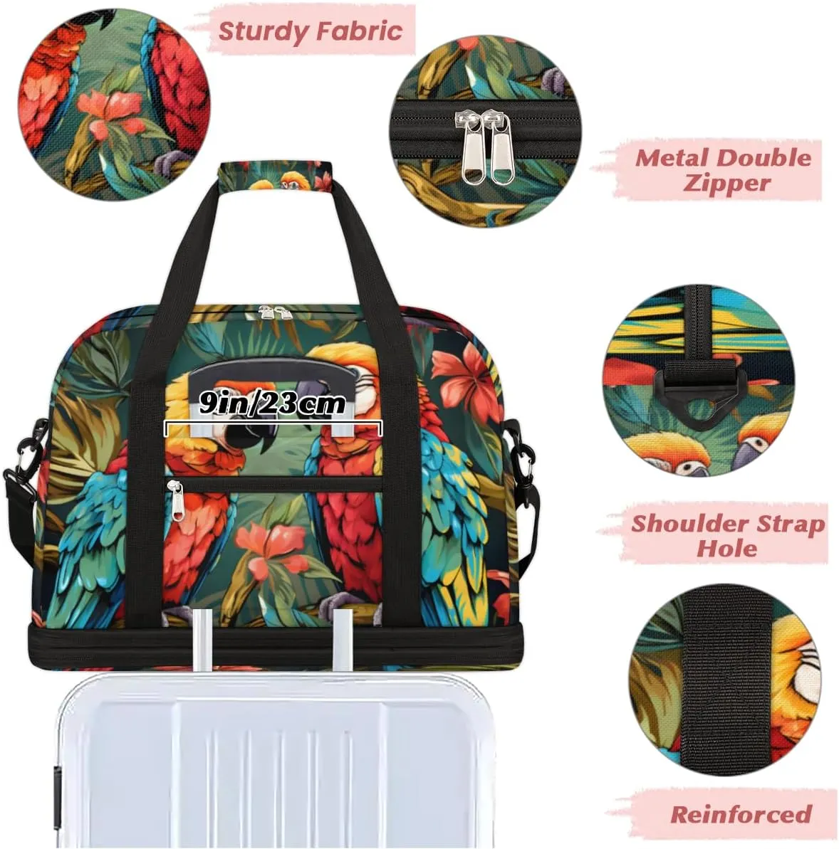 Parrot Flowers Print Foldable Travel Duffel Bag Overnight Weekender Bag with Shoes Compartment Sports Gym Bag for Men Women