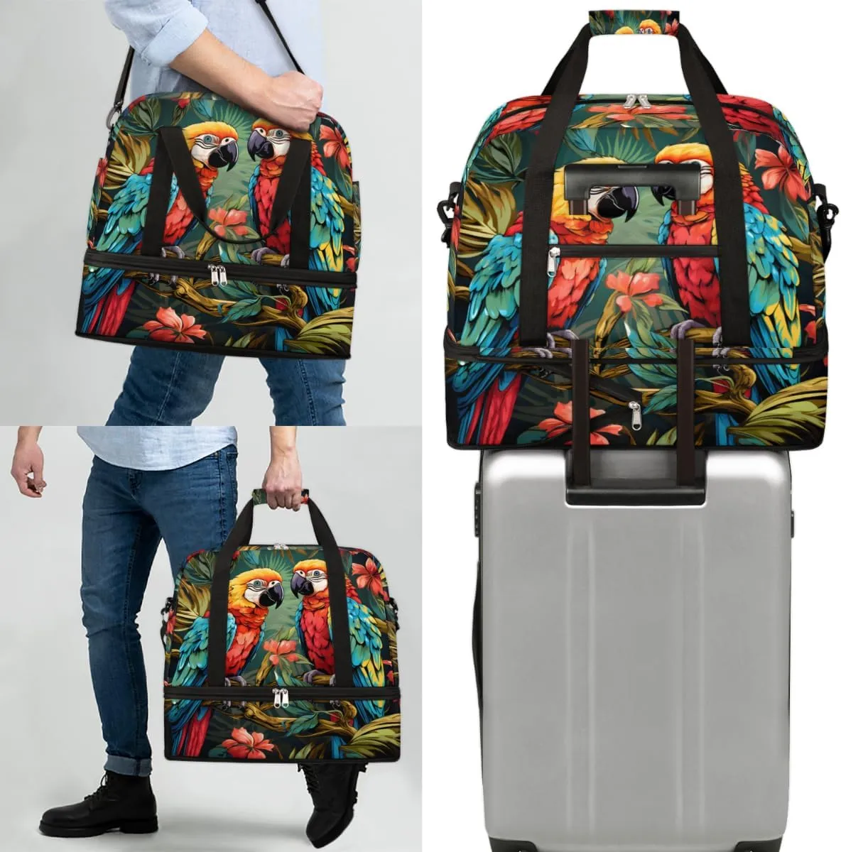 Parrot Flowers Print Foldable Travel Duffel Bag Overnight Weekender Bag with Shoes Compartment Sports Gym Bag for Men Women