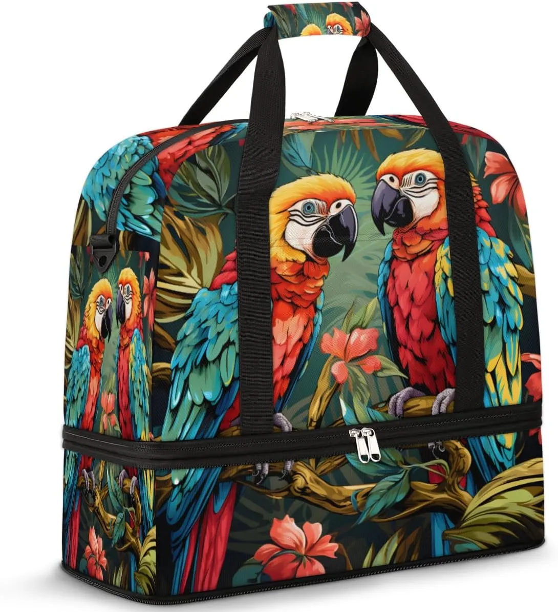 Parrot Flowers Print Foldable Travel Duffel Bag Overnight Weekender Bag with Shoes Compartment Sports Gym Bag for Men Women