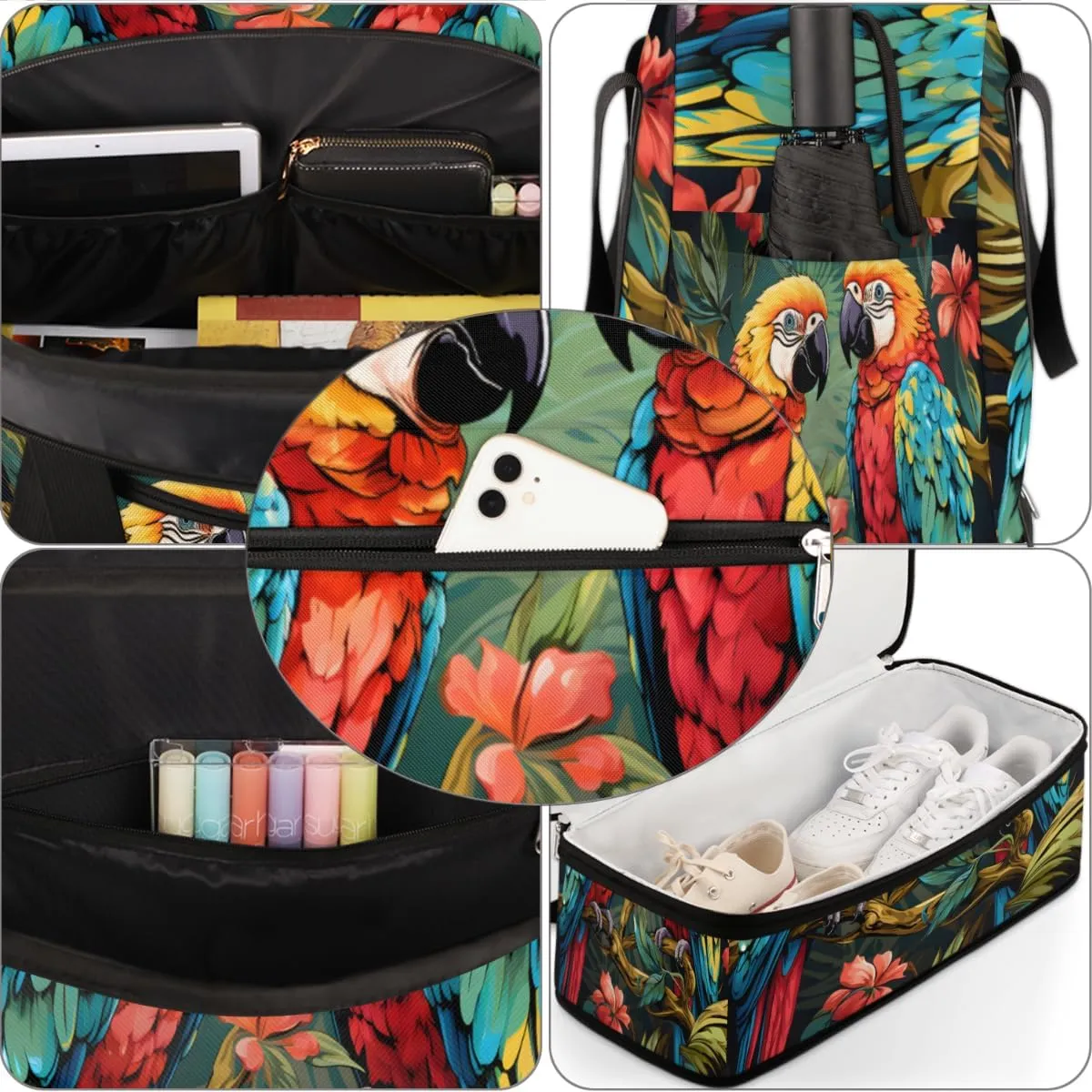 Parrot Flowers Print Foldable Travel Duffel Bag Overnight Weekender Bag with Shoes Compartment Sports Gym Bag for Men Women