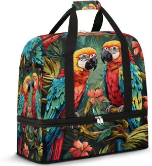 Parrot Flowers Print Foldable Travel Duffel Bag Overnight Weekender Bag with Shoes Compartment Sports Gym Bag for Men Women
