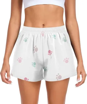 Pastel Colorful Paws Women Athletic Shorts Ouick Dry Beach Shorts for Indoor Boating Travel Yoga