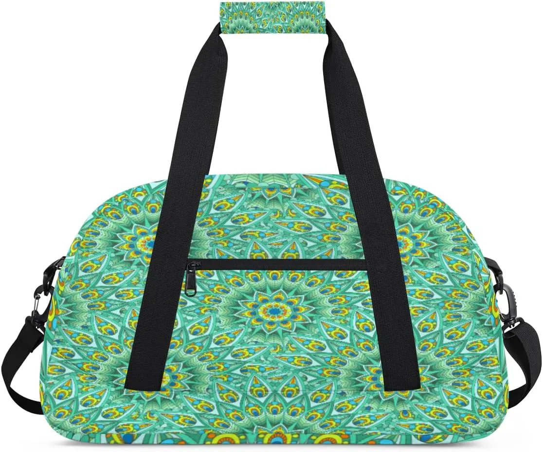 Peacock Feather Gym Duffel Bag for Men Women Mandala Pattern Sports Tote Bag with Adjustable Shoulder Strap for Dance Gymnastics Traveling Outdoor Camping Overnight Stay