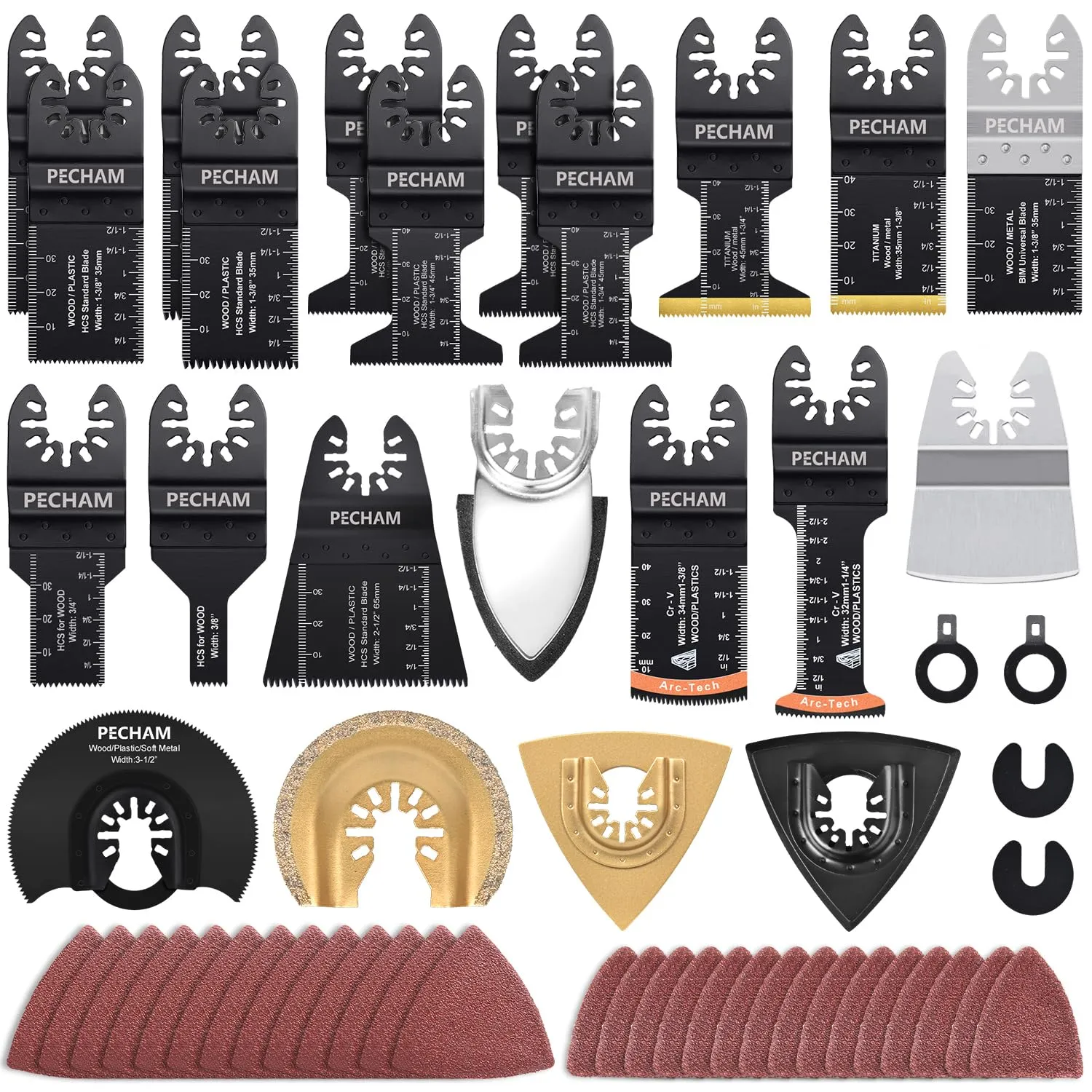 PECHAM 104 Pcs Oscillating Multi Tool Blade, Wood Metal Cutting and Sandpaper Oscillating Tool Accessories with Titanium Quick Tooth Japanese Tooth Multitool Blade Fit More Oscillating Tools