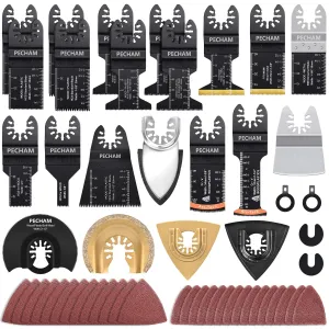PECHAM 104 Pcs Oscillating Multi Tool Blade, Wood Metal Cutting and Sandpaper Oscillating Tool Accessories with Titanium Quick Tooth Japanese Tooth Multitool Blade Fit More Oscillating Tools