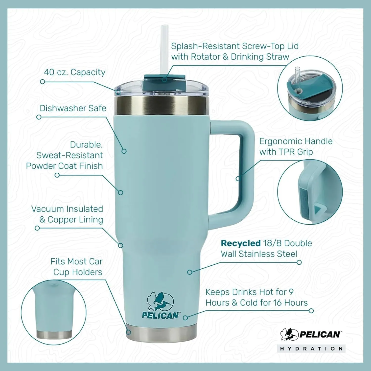 Pelican Hydration Pelican Porter™ 40 oz Vacuum Insulated Tumbler - Recycled Stainless Steel Double Wall Travel with Dual Lid, Powder Coated Insulated Coffee Mug For Hot Cold Drinks, Aurum…