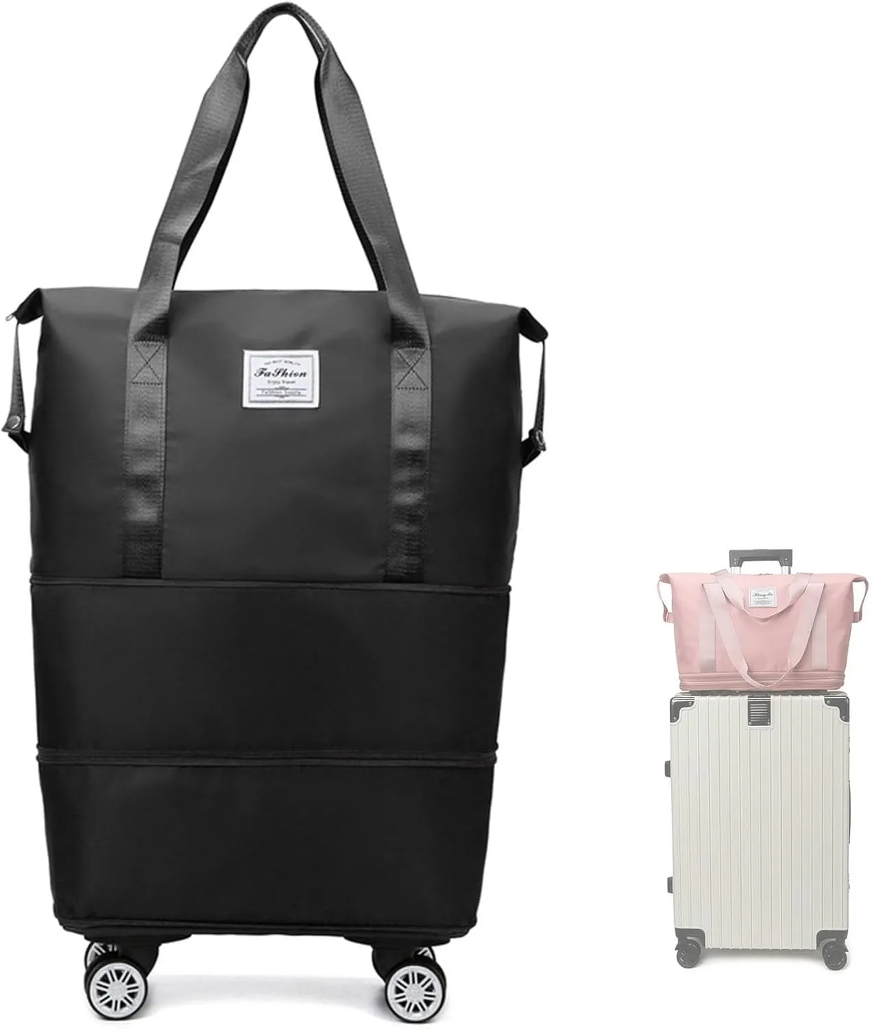 Pepepo Travel Bag with Wheels, Large Capacity Expandable Duffle, Removable Universal Wheels, Wet Dry Compartments (Black)