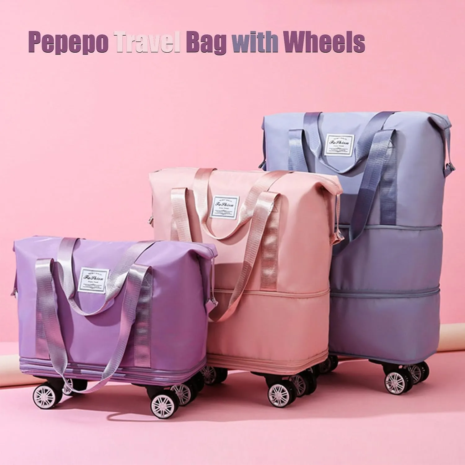 Pepepo Travel Bag with Wheels, Large Capacity Expandable Duffle, Removable Universal Wheels, Wet Dry Compartments (Black)