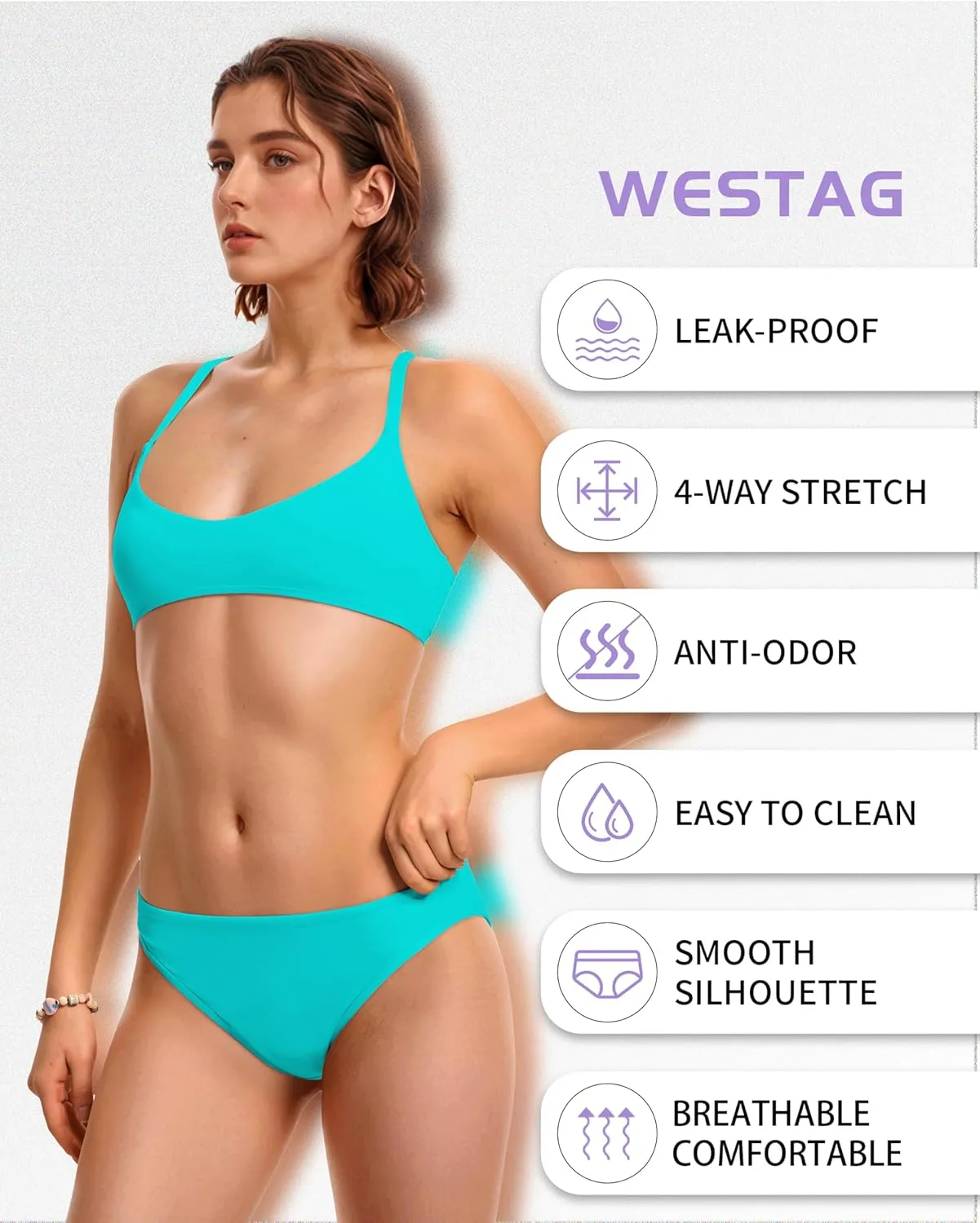 Period Swimwear Scoop Neck Bikini Sets Two Piece Leakproof Menstrual Swimsuit Low Waist Bathing Suit for Teens