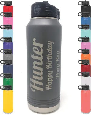 Personalized 32 ounce Powder Coated Water Bottle - Stainless Steel Double Wall Vacuum Insulated Custom Engraved (Grey)