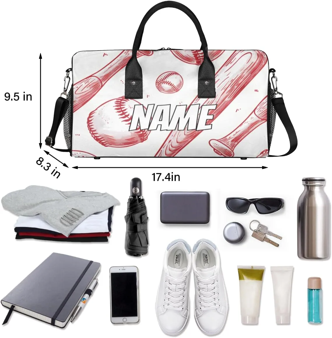 Personalized Baseball Sports Travel Duffel Bag with Name, Custom Gym Sport Bag Wooden Bat Carry On Weekend Overnight Duffel Bag for Men Women
