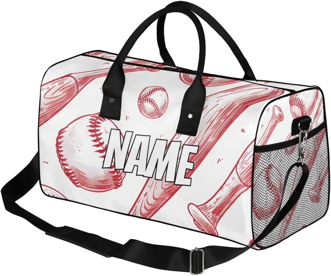 Personalized Baseball Sports Travel Duffel Bag with Name, Custom Gym Sport Bag Wooden Bat Carry On Weekend Overnight Duffel Bag for Men Women