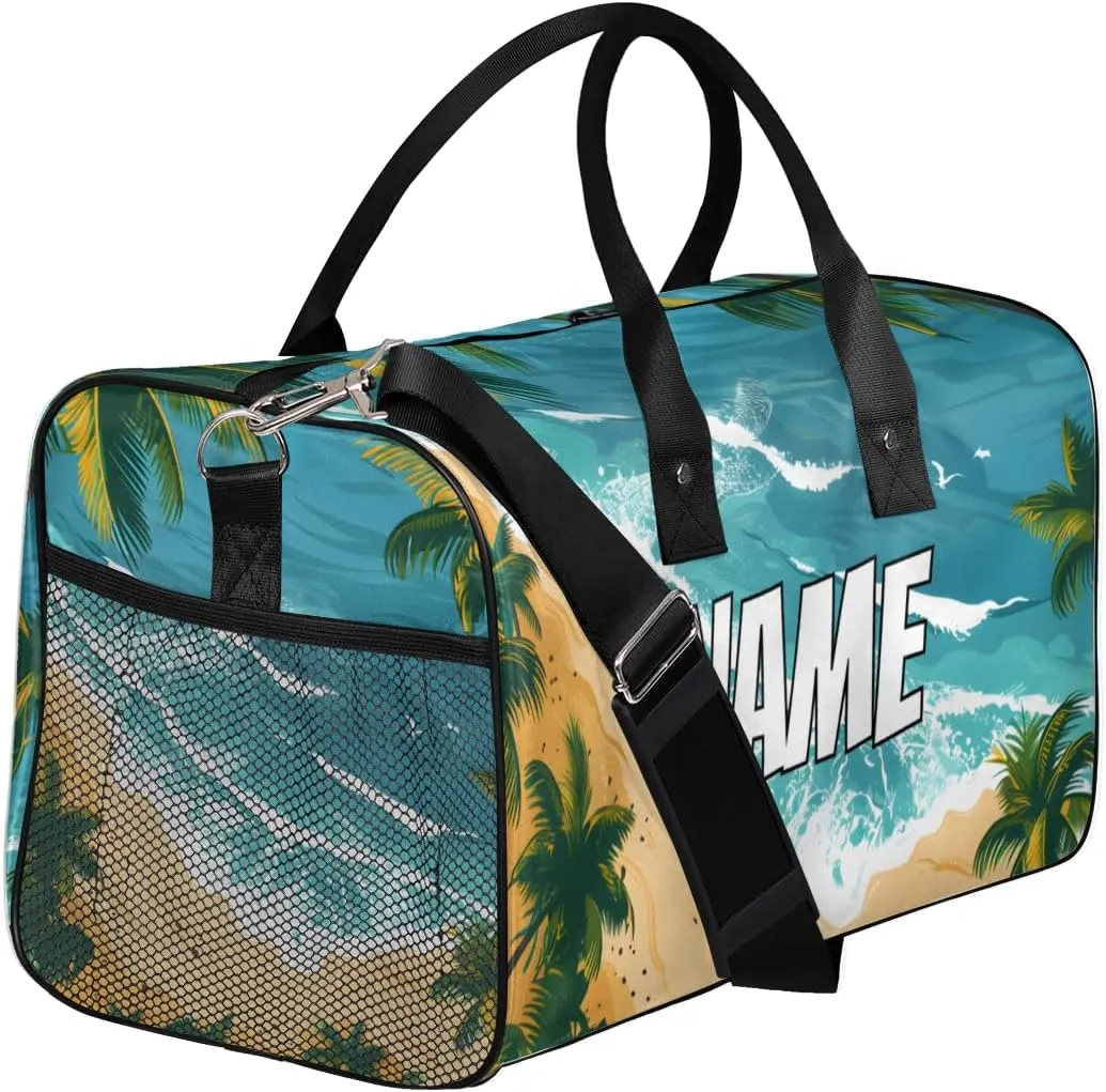 Personalized Beach Scenery Travel Duffel Bag with Name, Custom Gym Sport Bag Summer Seaside Carry On Weekend Overnight Duffel Bag for Men Women