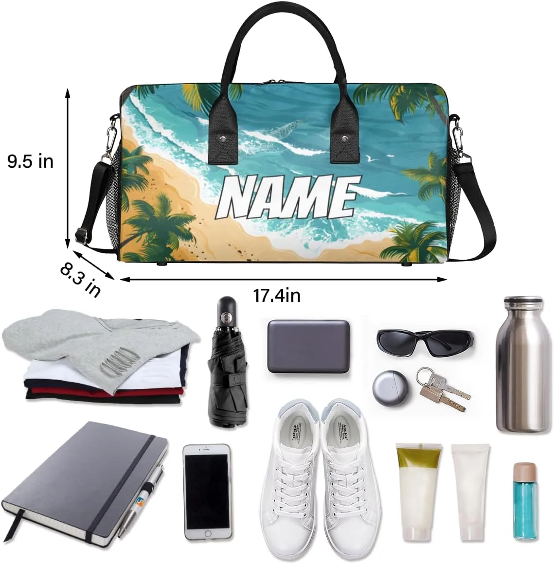 Personalized Beach Scenery Travel Duffel Bag with Name, Custom Gym Sport Bag Summer Seaside Carry On Weekend Overnight Duffel Bag for Men Women