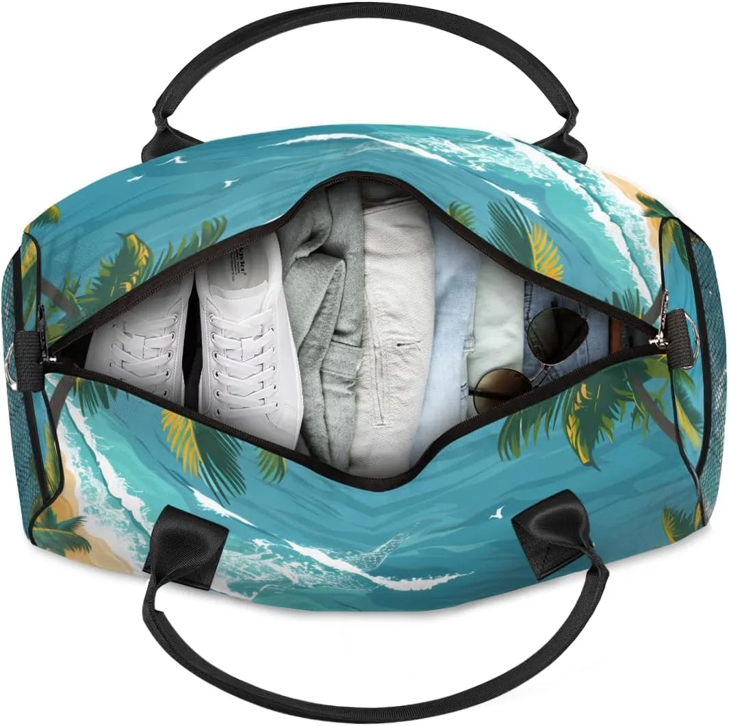 Personalized Beach Scenery Travel Duffel Bag with Name, Custom Gym Sport Bag Summer Seaside Carry On Weekend Overnight Duffel Bag for Men Women