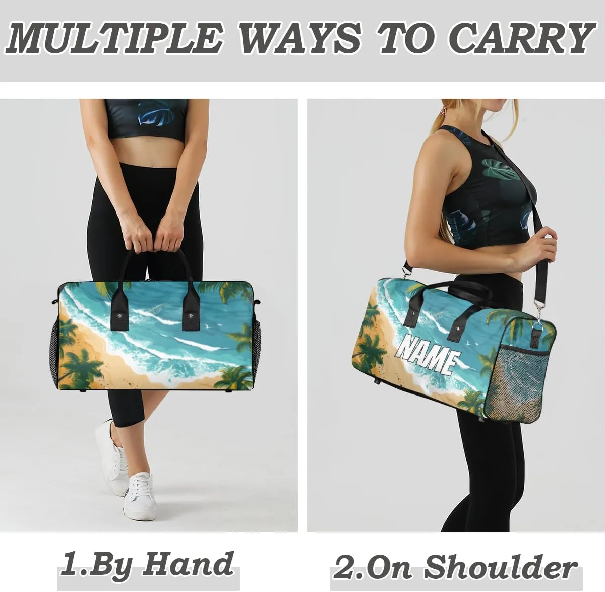 Personalized Beach Scenery Travel Duffel Bag with Name, Custom Gym Sport Bag Summer Seaside Carry On Weekend Overnight Duffel Bag for Men Women