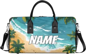Personalized Beach Scenery Travel Duffel Bag with Name, Custom Gym Sport Bag Summer Seaside Carry On Weekend Overnight Duffel Bag for Men Women
