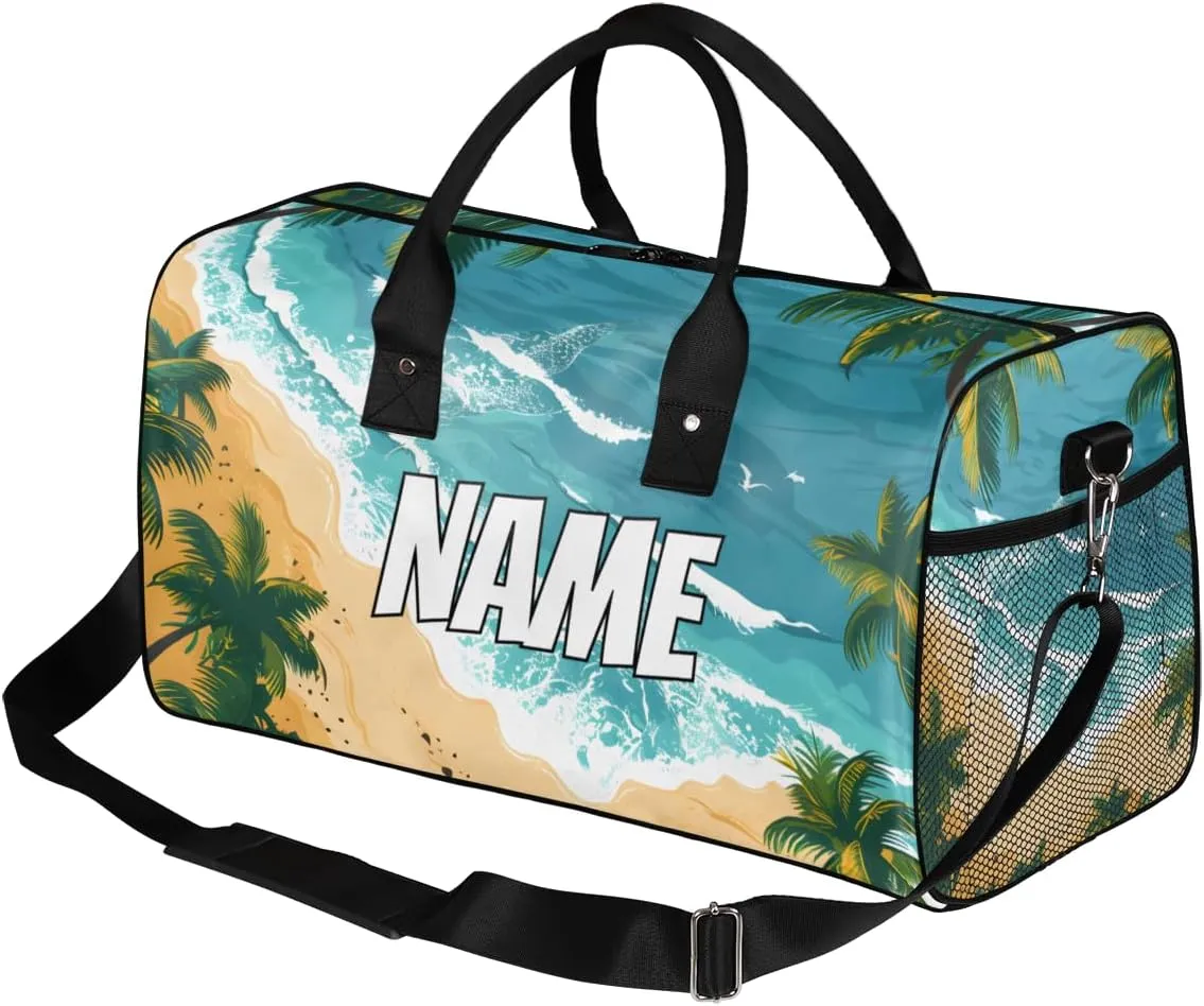 Personalized Beach Scenery Travel Duffel Bag with Name, Custom Gym Sport Bag Summer Seaside Carry On Weekend Overnight Duffel Bag for Men Women
