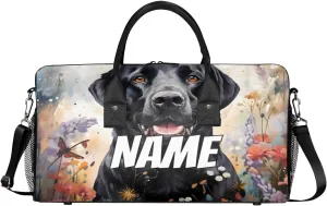 Personalized Black labrador dog Travel Duffel Bag with Name, Custom Gym Sport Bag Spring Painting Carry On Weekend Overnight Duffel Bag for Men Women