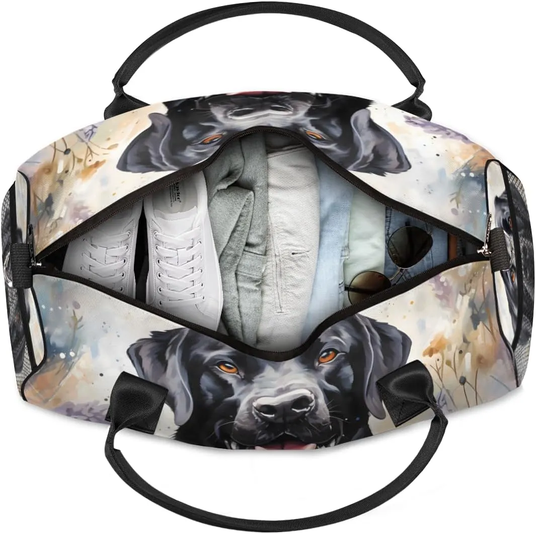 Personalized Black labrador dog Travel Duffel Bag with Name, Custom Gym Sport Bag Spring Painting Carry On Weekend Overnight Duffel Bag for Men Women